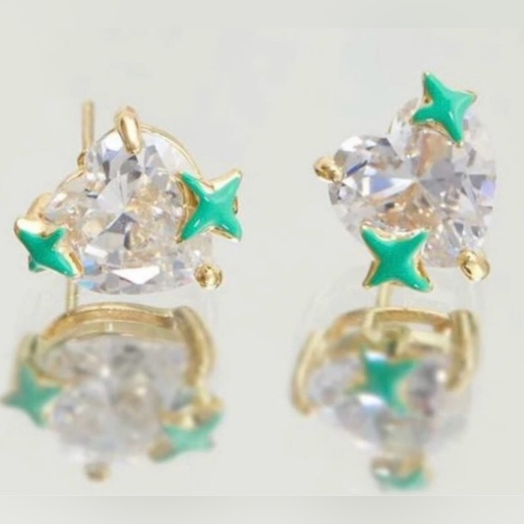 “Love You to the Stars” Clear Swarovski Heart Crystal 14K Green Bethlehem Studs - Picture 2 of 4